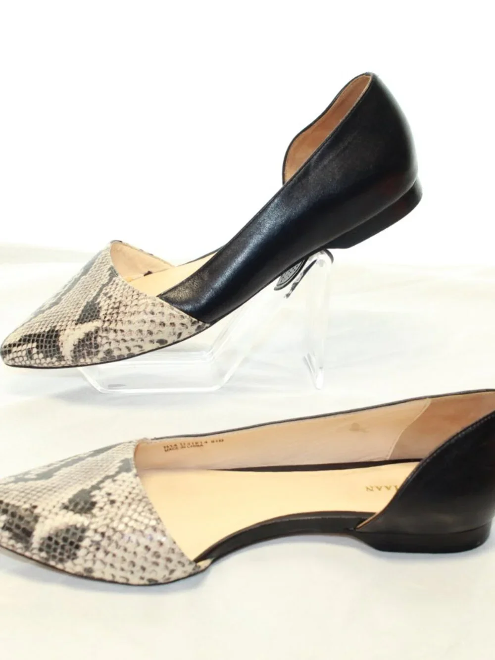 Cole Haan SZ 8.5 B Black Leather Snakeskin Print Pointy Toe Amalia D'orsay Flats